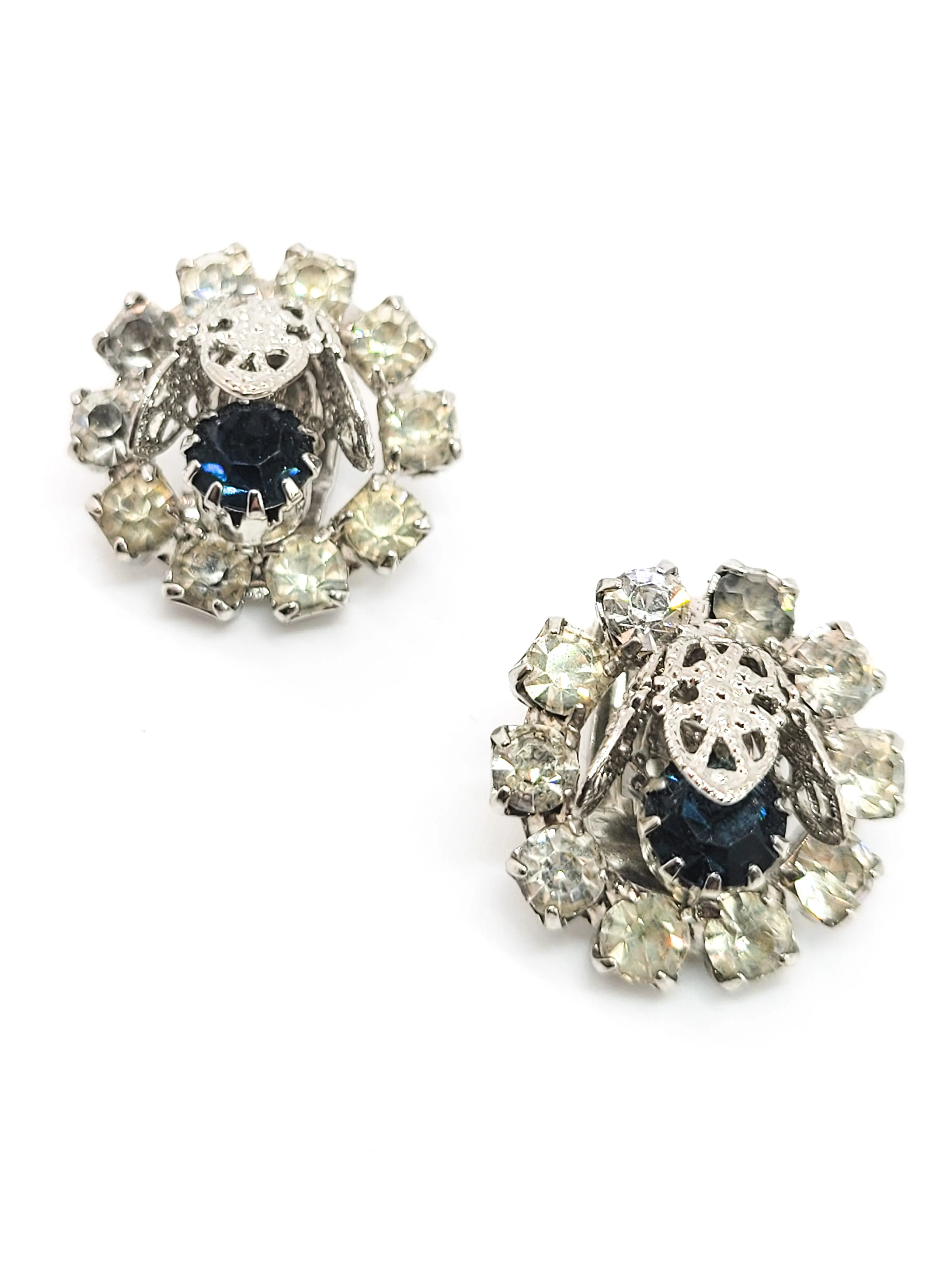 Sapphire blue vintage flower cup silver toned Mid century MCM clip on earrings