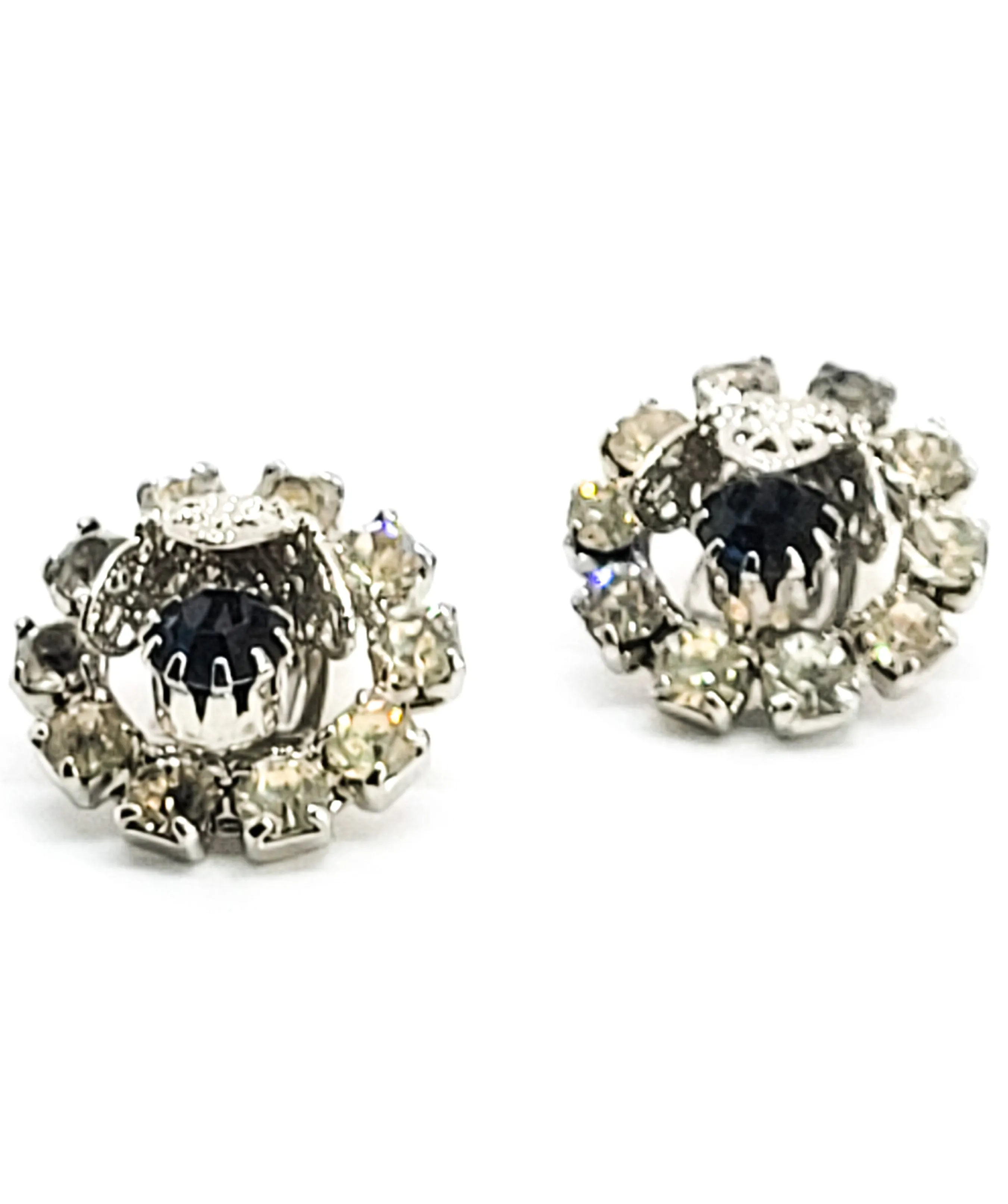 Sapphire blue vintage flower cup silver toned Mid century MCM clip on earrings