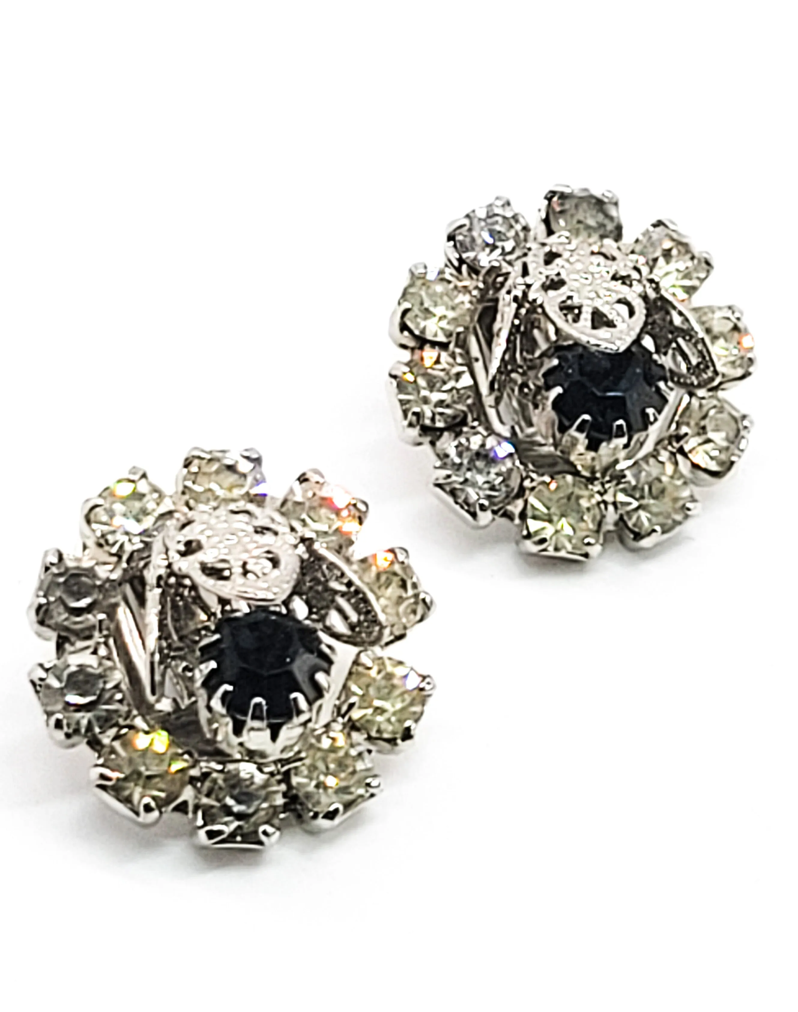 Sapphire blue vintage flower cup silver toned Mid century MCM clip on earrings