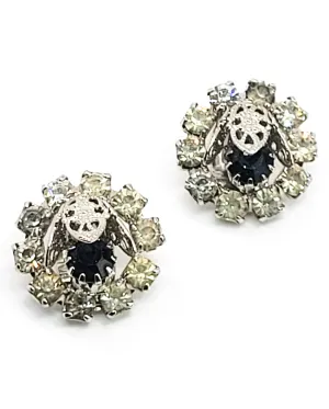 Sapphire blue vintage flower cup silver toned Mid century MCM clip on earrings