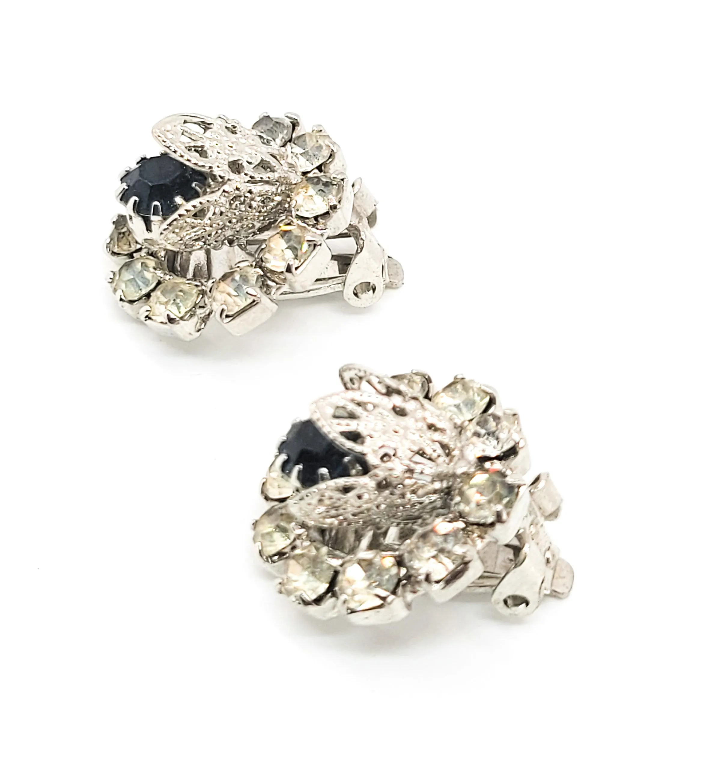 Sapphire blue vintage flower cup silver toned Mid century MCM clip on earrings