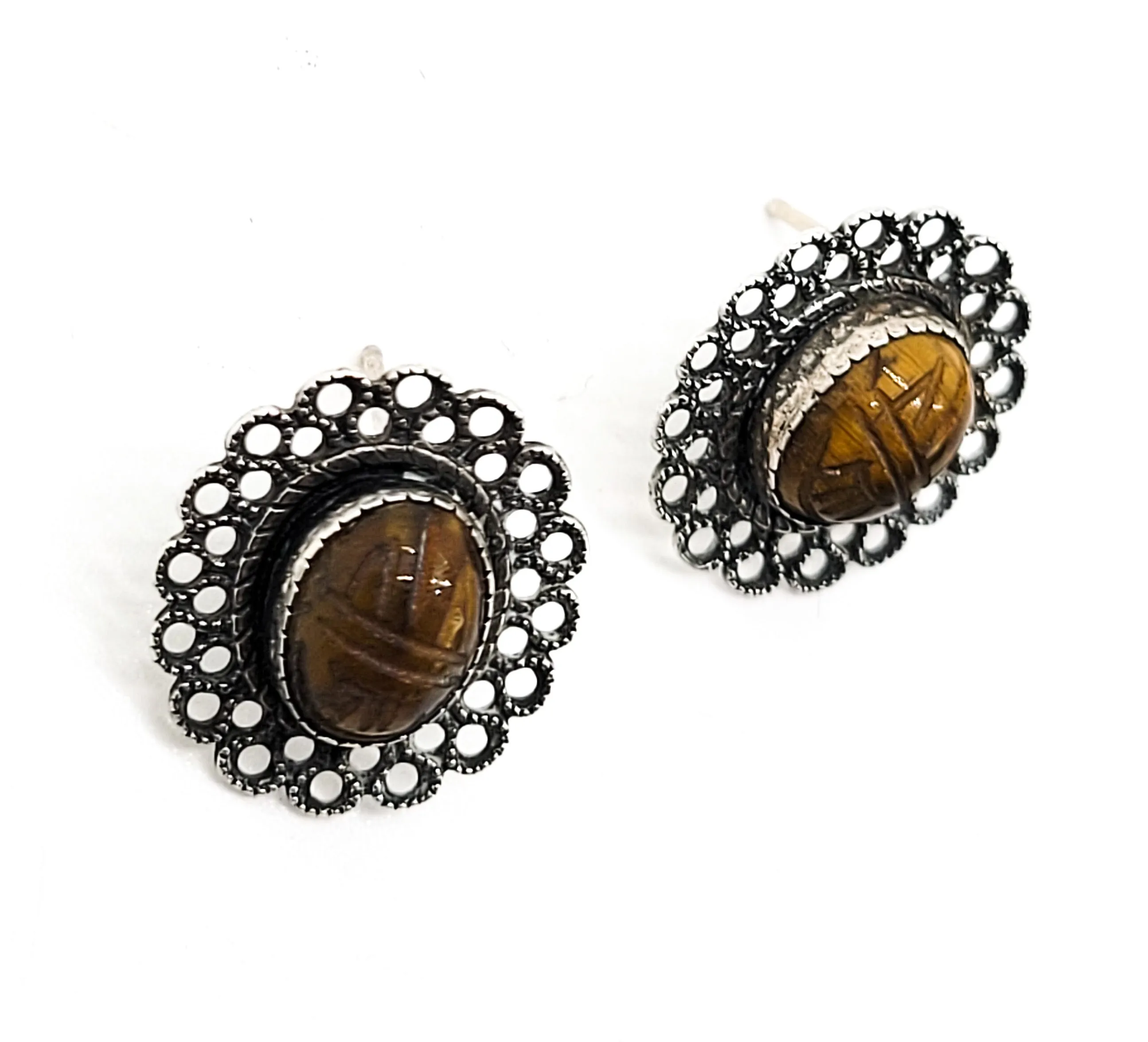 Scarab Egyptian Tiger's Eye vintage sterling silver gemstone earrings