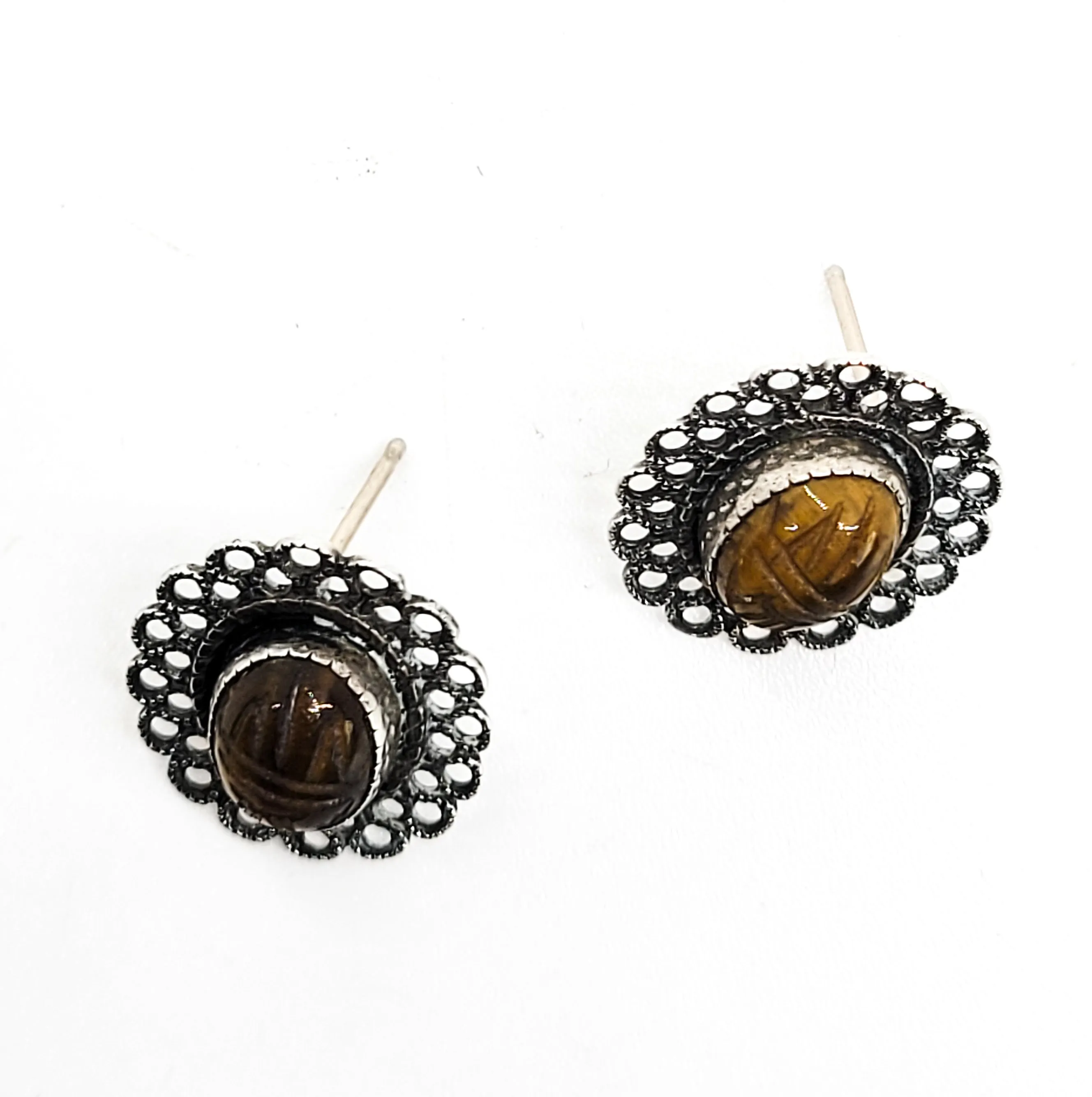 Scarab Egyptian Tiger's Eye vintage sterling silver gemstone earrings