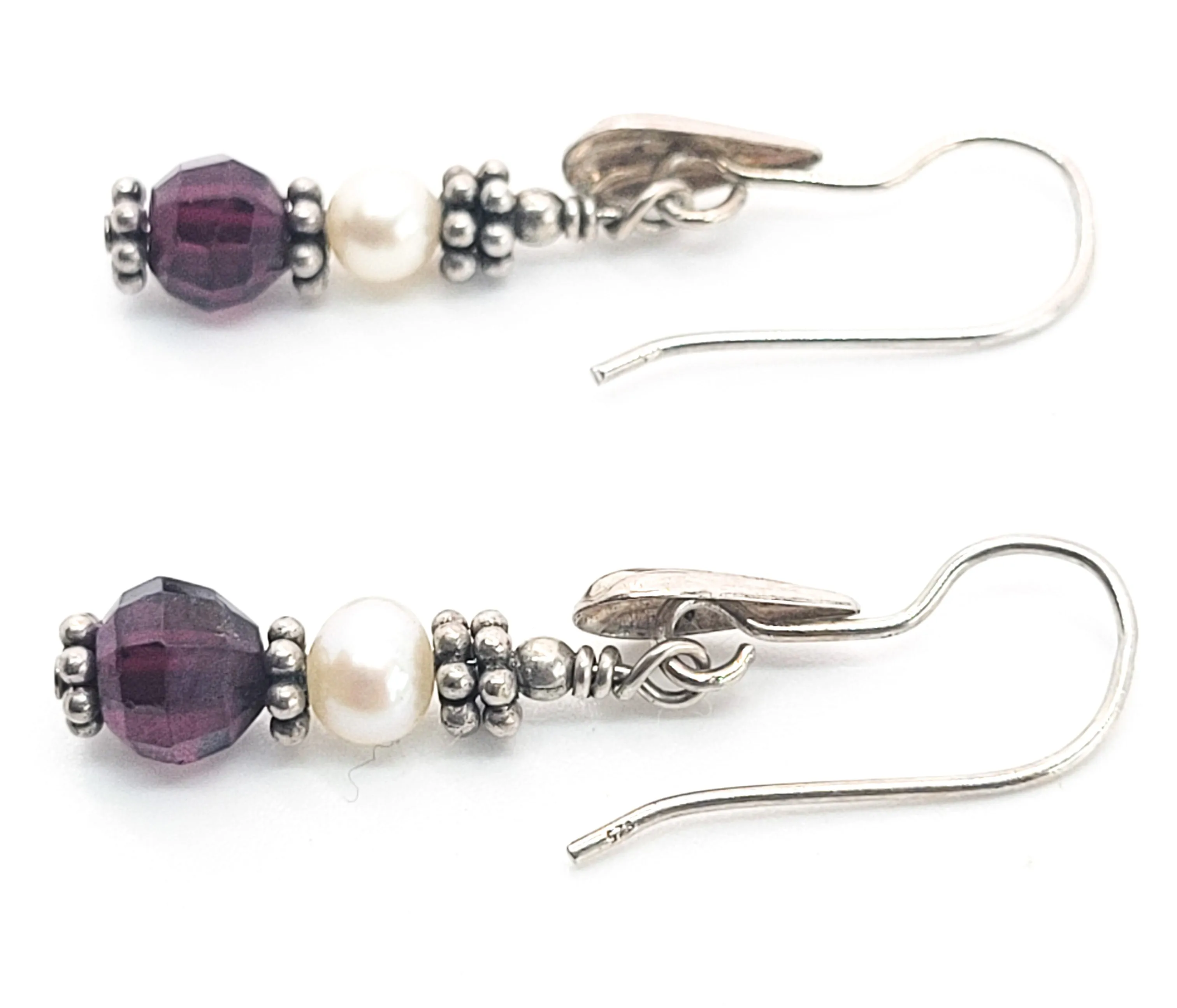 Seaside faux pearl sterling silver shell drop faceted red stone earrings