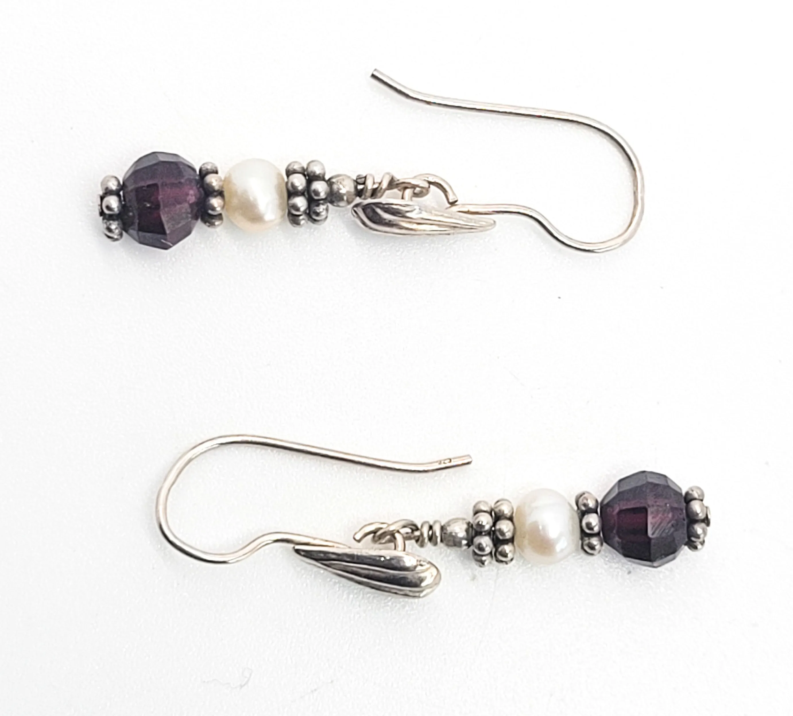 Seaside faux pearl sterling silver shell drop faceted red stone earrings