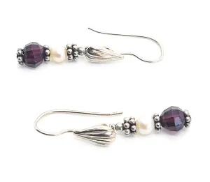 Seaside faux pearl sterling silver shell drop faceted red stone earrings