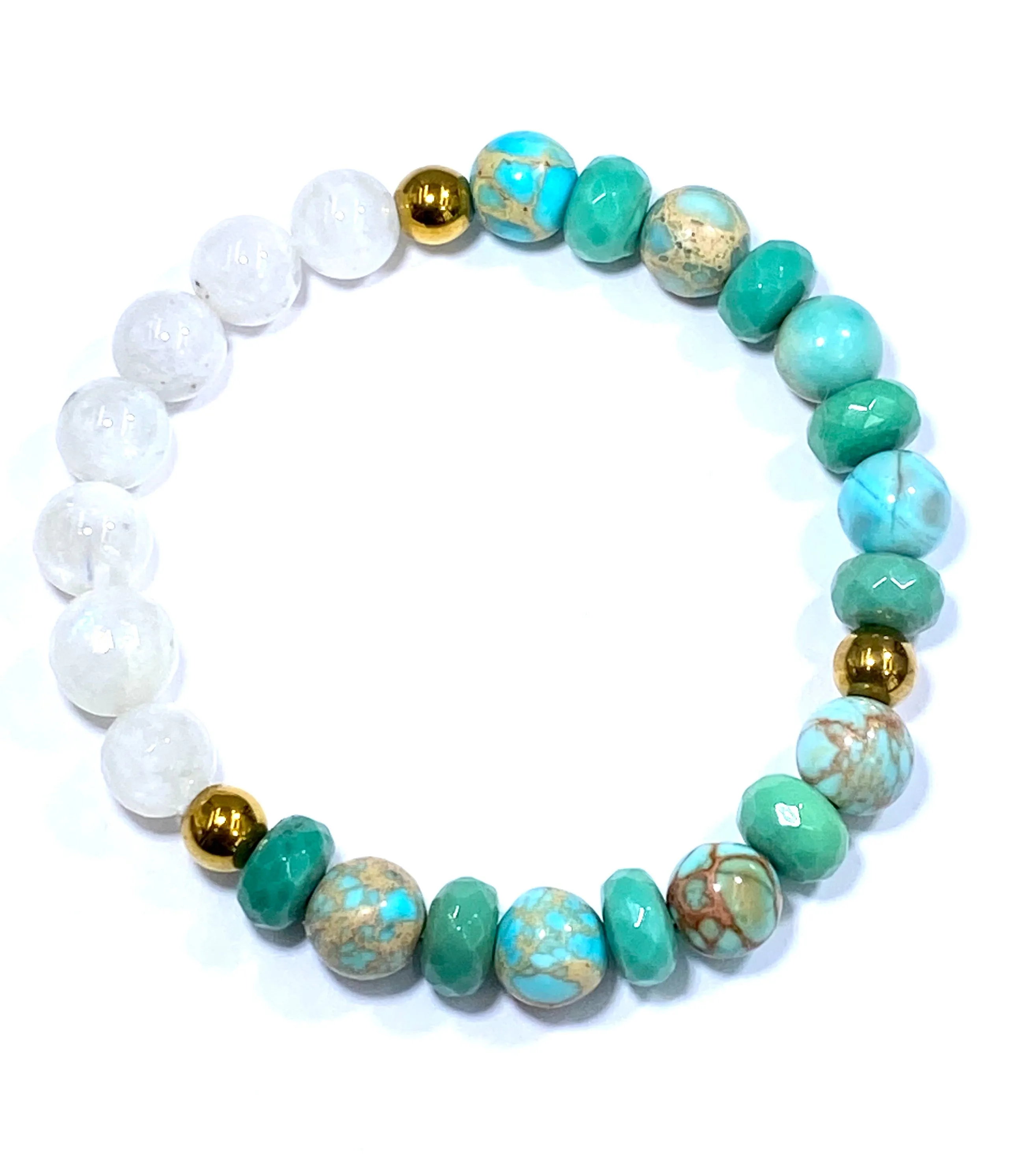 Set of 3 Stretch Stacking Bracelet White, Green, Turquoise, Red Gemstones