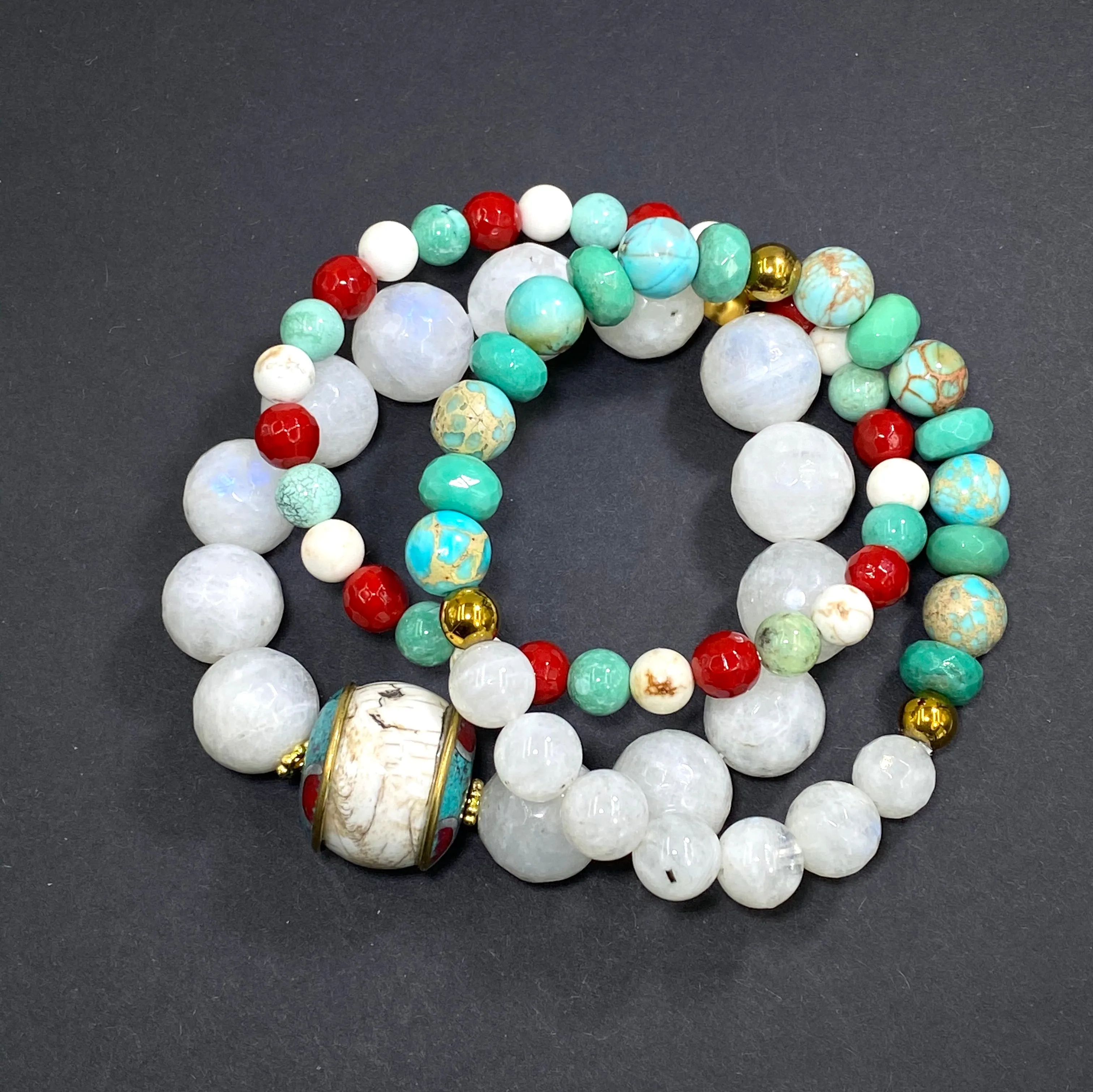Set of 3 Stretch Stacking Bracelet White, Green, Turquoise, Red Gemstones