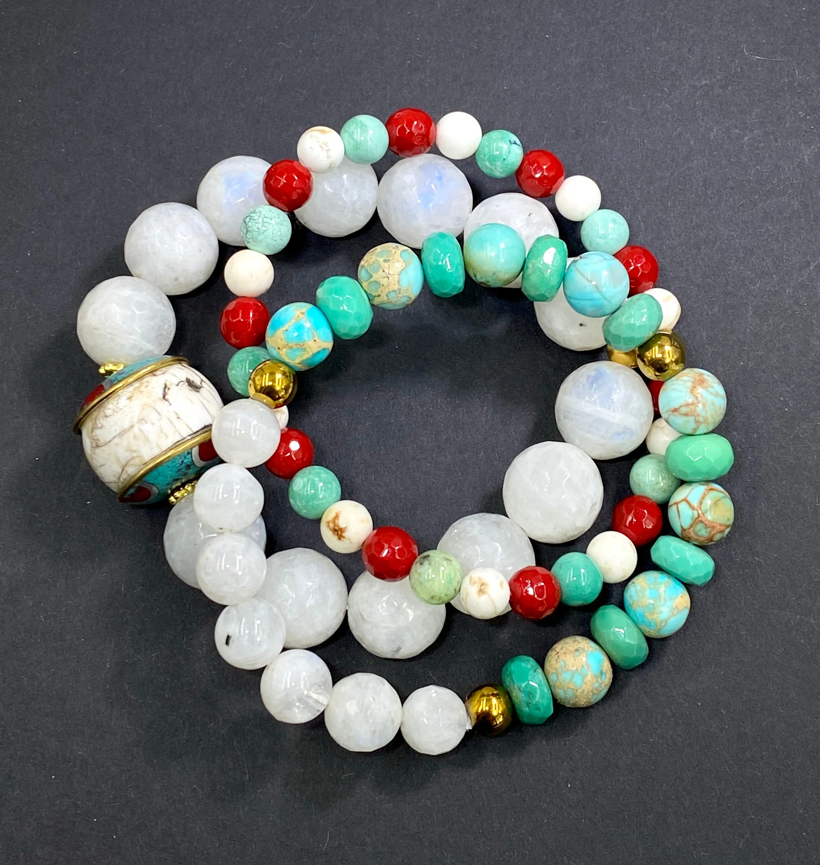 Set of 3 Stretch Stacking Bracelet White, Green, Turquoise, Red Gemstones
