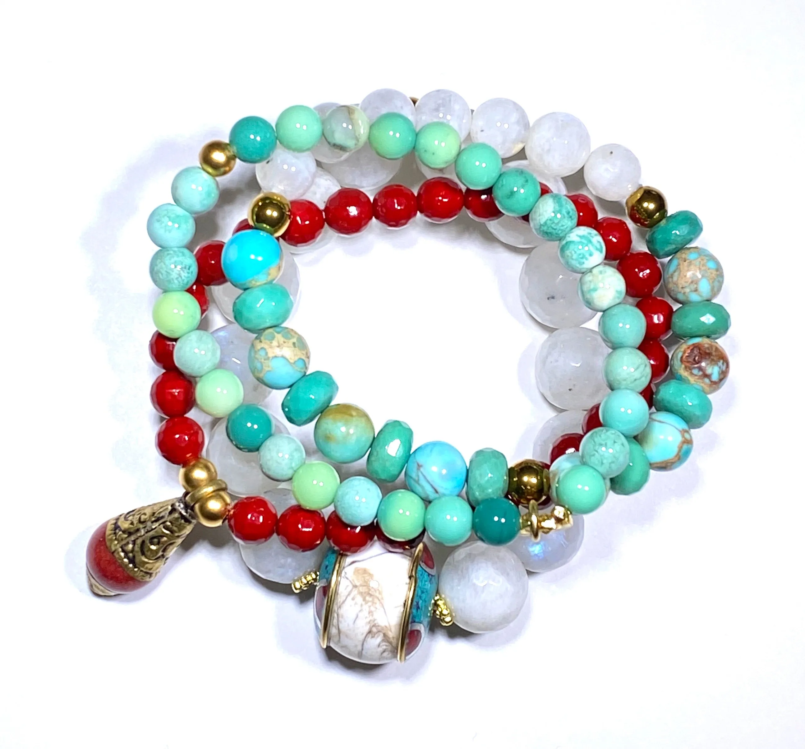 Set of 3 Stretch Stacking Bracelet White, Green, Turquoise, Red Gemstones