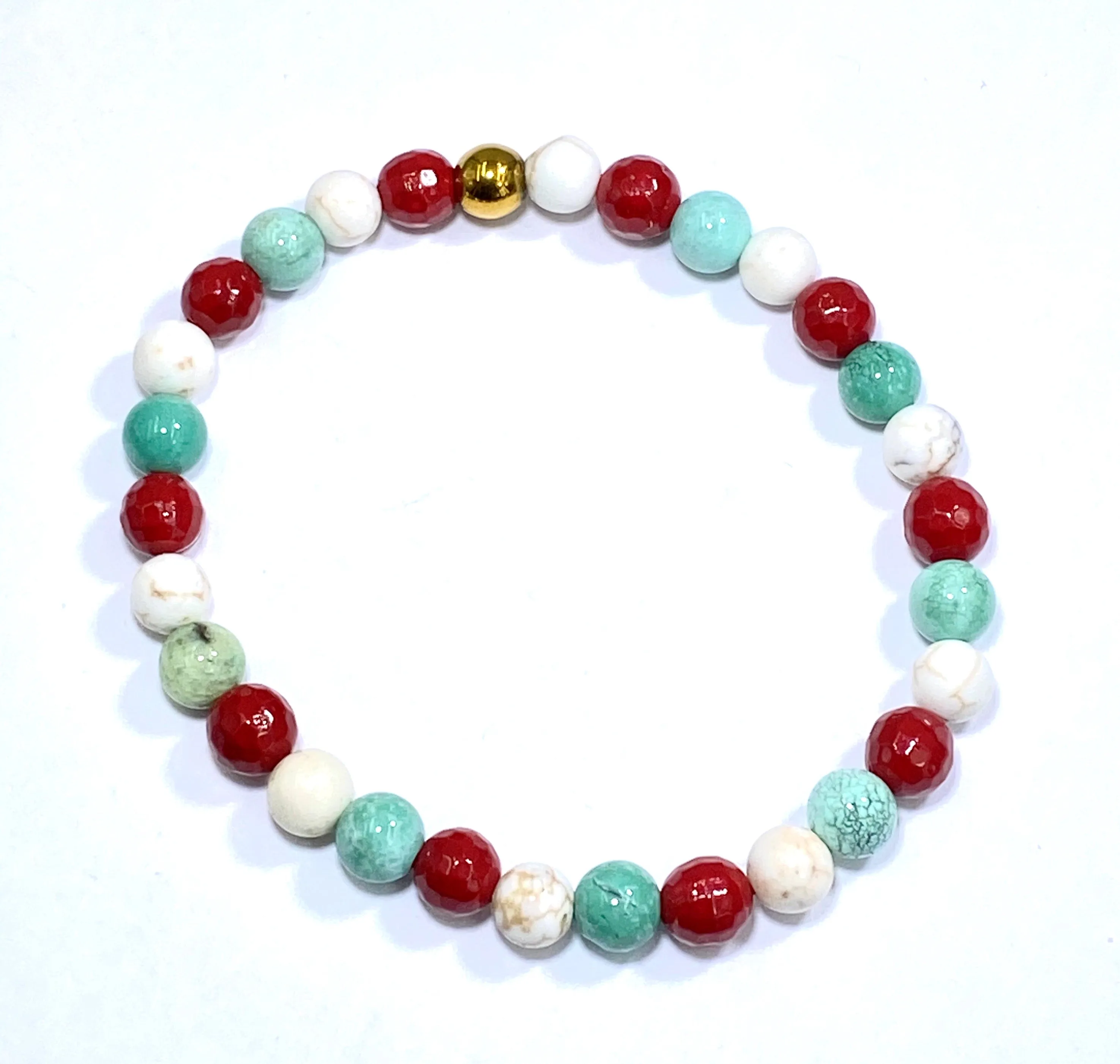 Set of 3 Stretch Stacking Bracelet White, Green, Turquoise, Red Gemstones