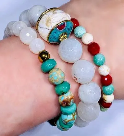 Set of 3 Stretch Stacking Bracelet White, Green, Turquoise, Red Gemstones