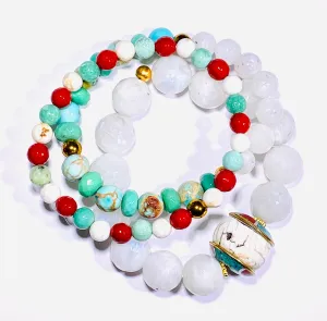 Set of 3 Stretch Stacking Bracelet White, Green, Turquoise, Red Gemstones