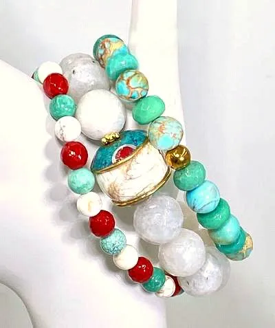 Set of 3 Stretch Stacking Bracelet White, Green, Turquoise, Red Gemstones