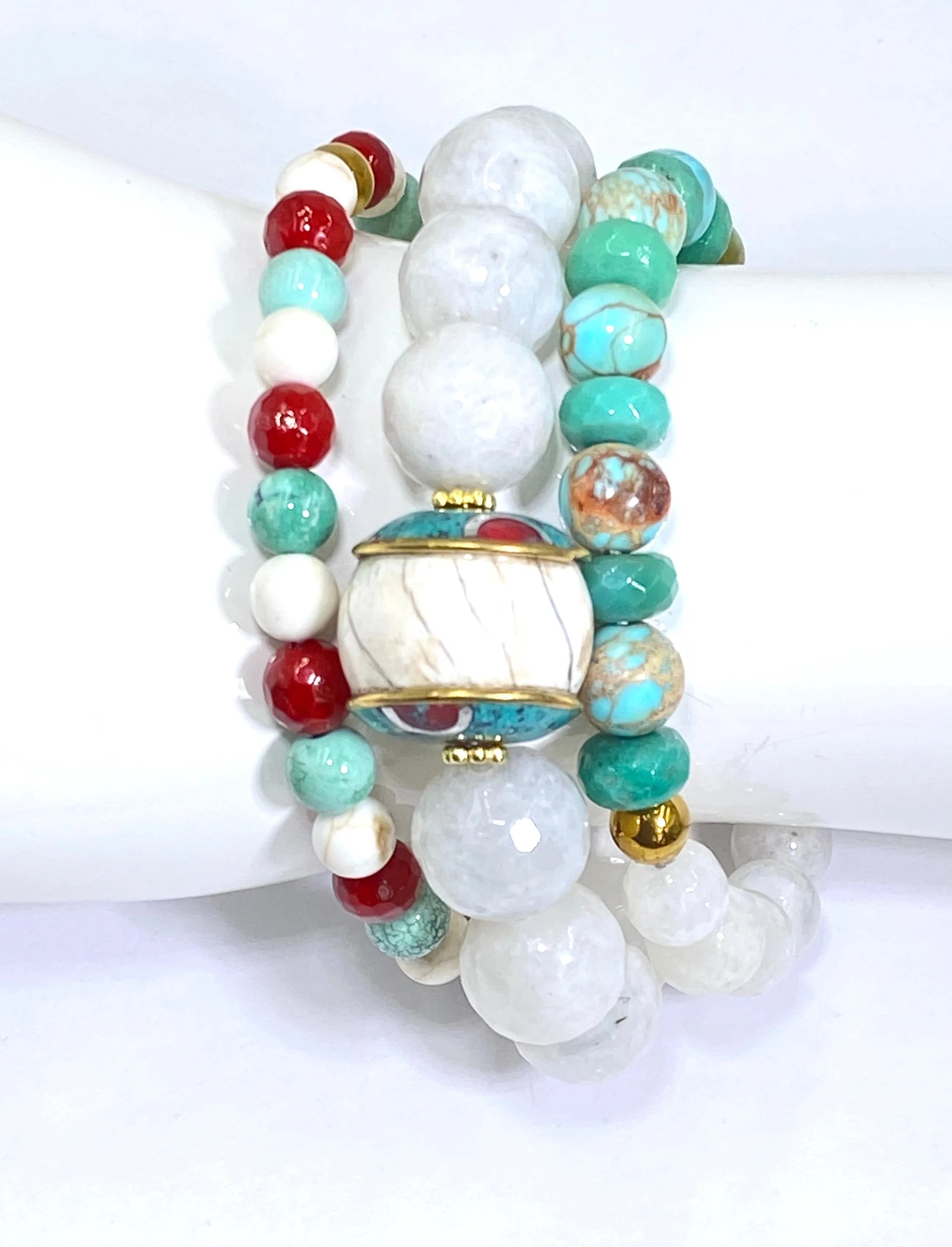 Set of 3 Stretch Stacking Bracelet White, Green, Turquoise, Red Gemstones