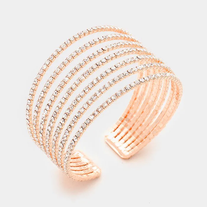 Seven Row Clear Crystal Rhinestone Cuff Bracelet on Rose Gold  | 371193
