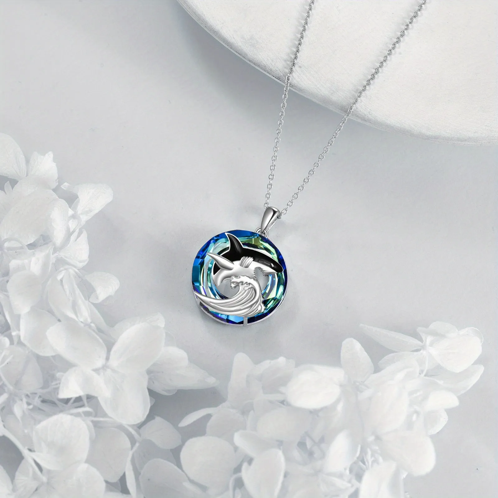 Shark Necklace 925 Sterling Silver Synthetic Crystal Shark Pendant Necklace