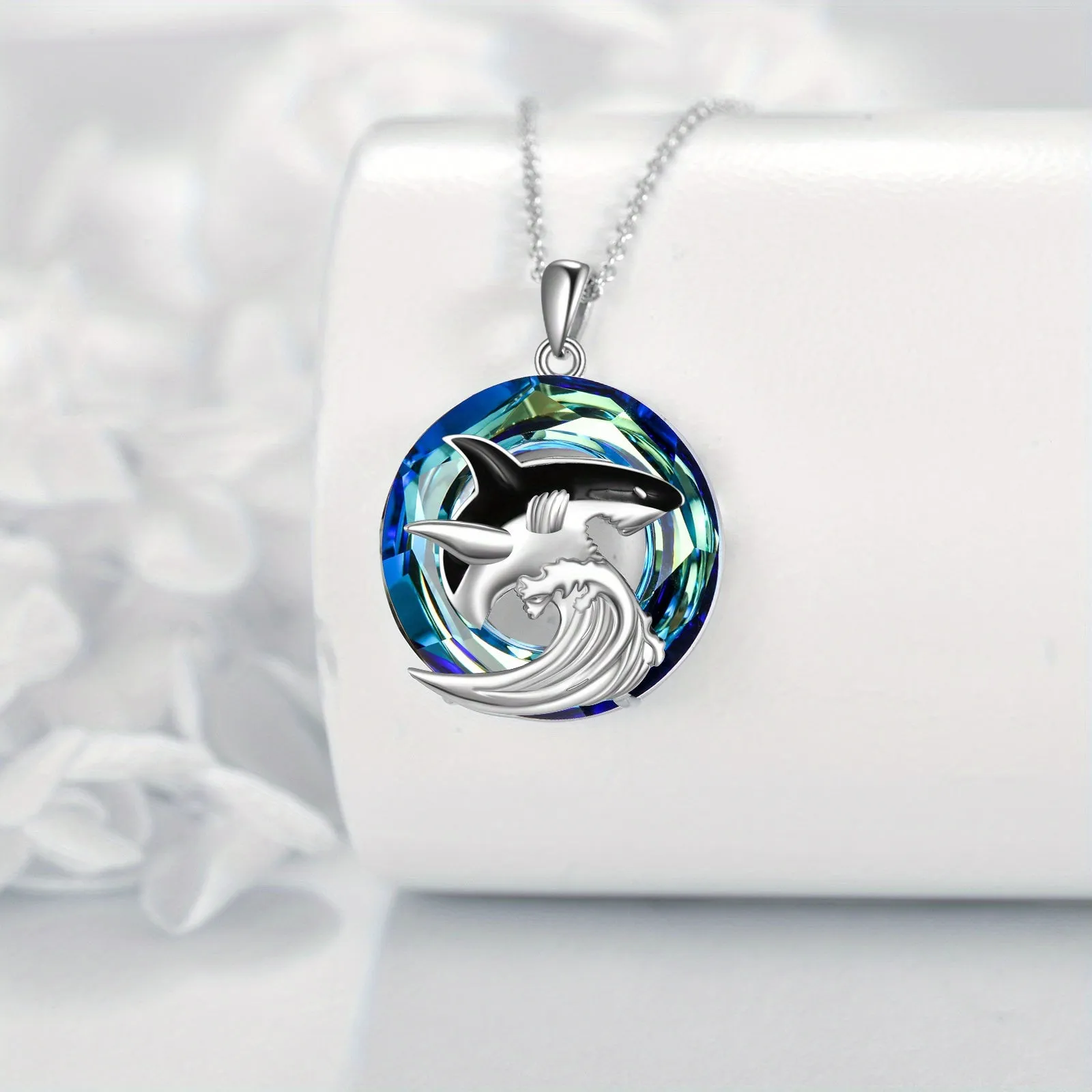 Shark Necklace 925 Sterling Silver Synthetic Crystal Shark Pendant Necklace