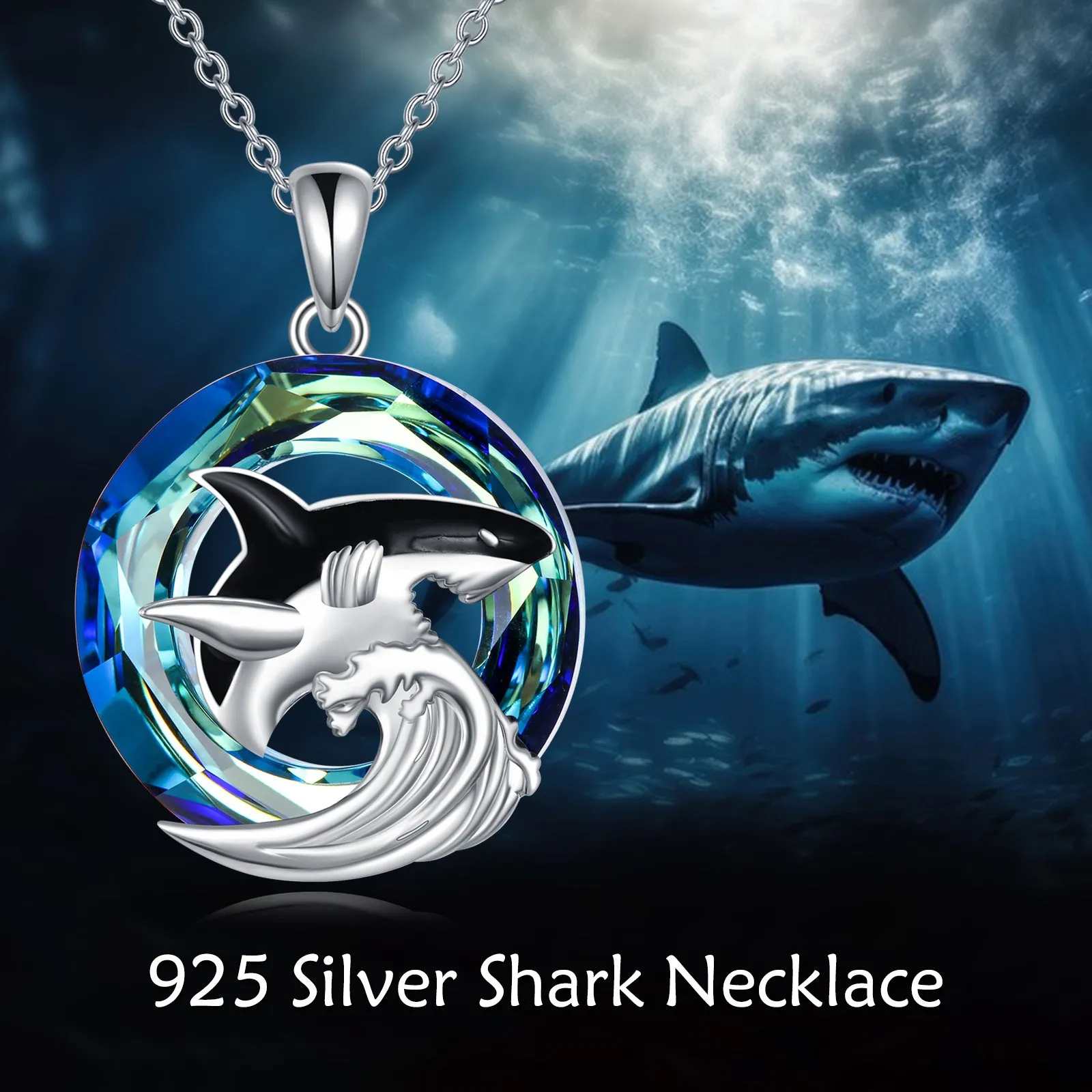 Shark Necklace 925 Sterling Silver Synthetic Crystal Shark Pendant Necklace