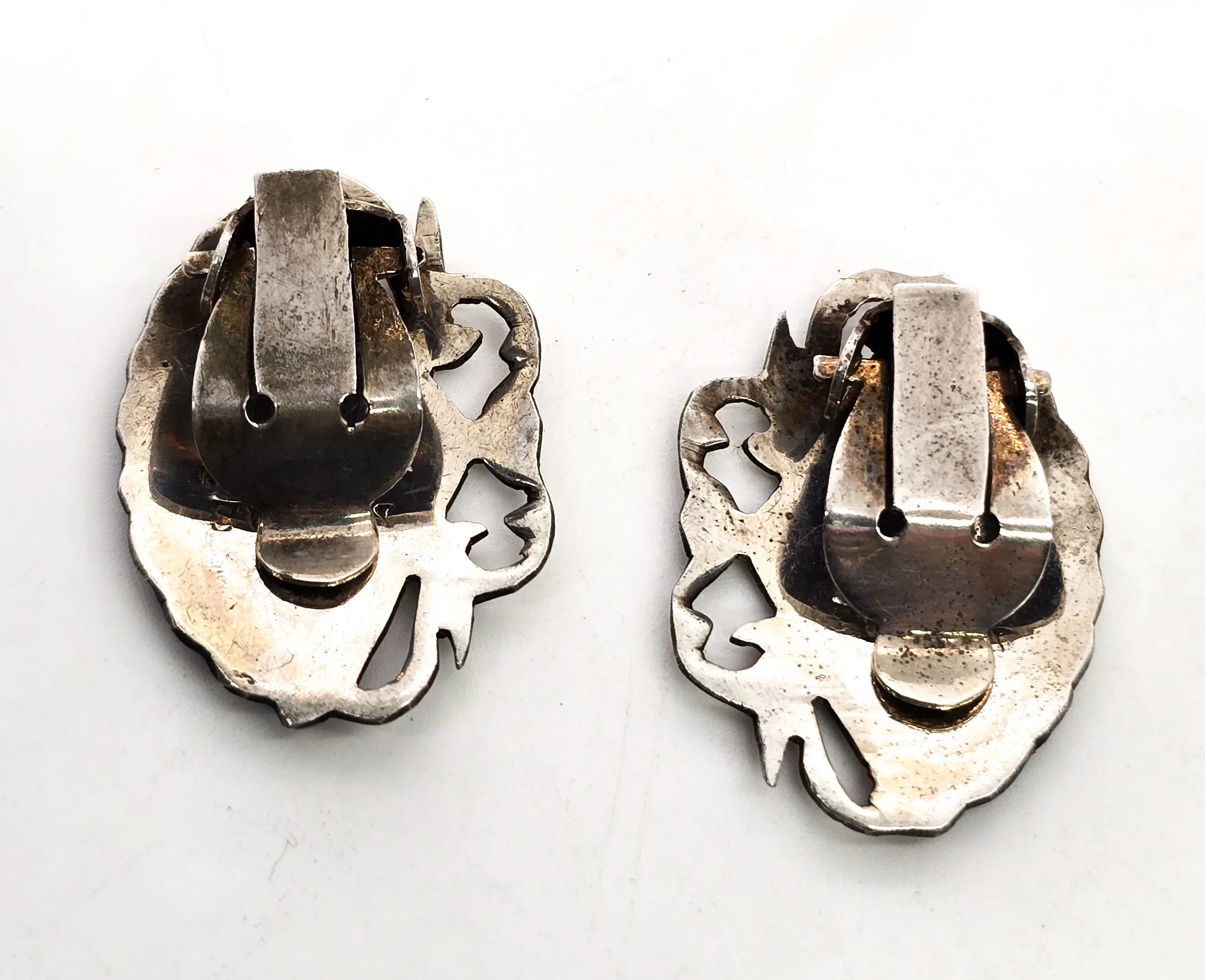 Siam Nielloware fan black enamel sterling silver vintage clip on earrings