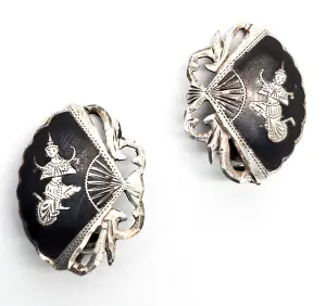 Siam Nielloware fan black enamel sterling silver vintage clip on earrings