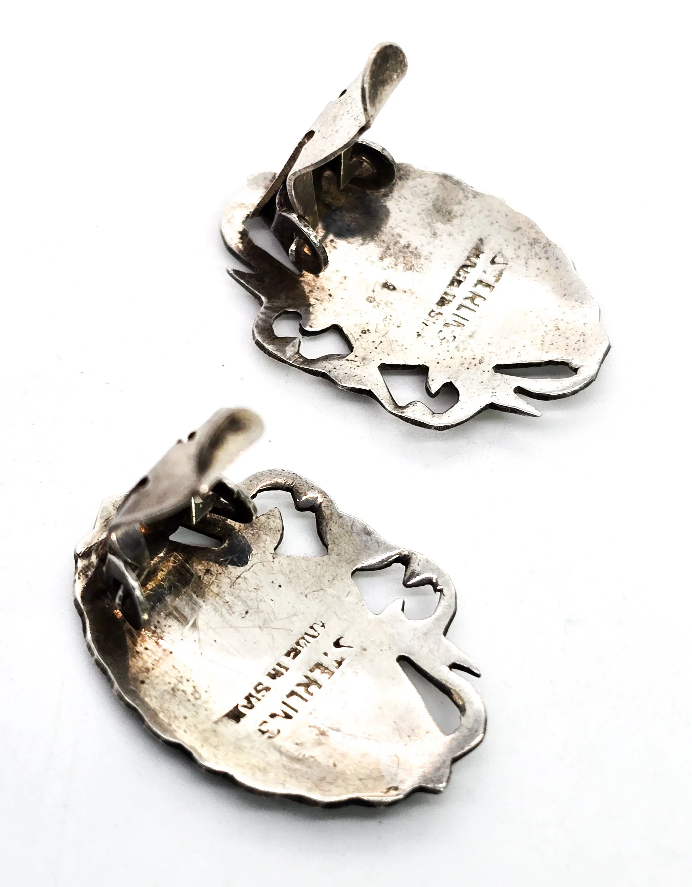 Siam Nielloware fan black enamel sterling silver vintage clip on earrings