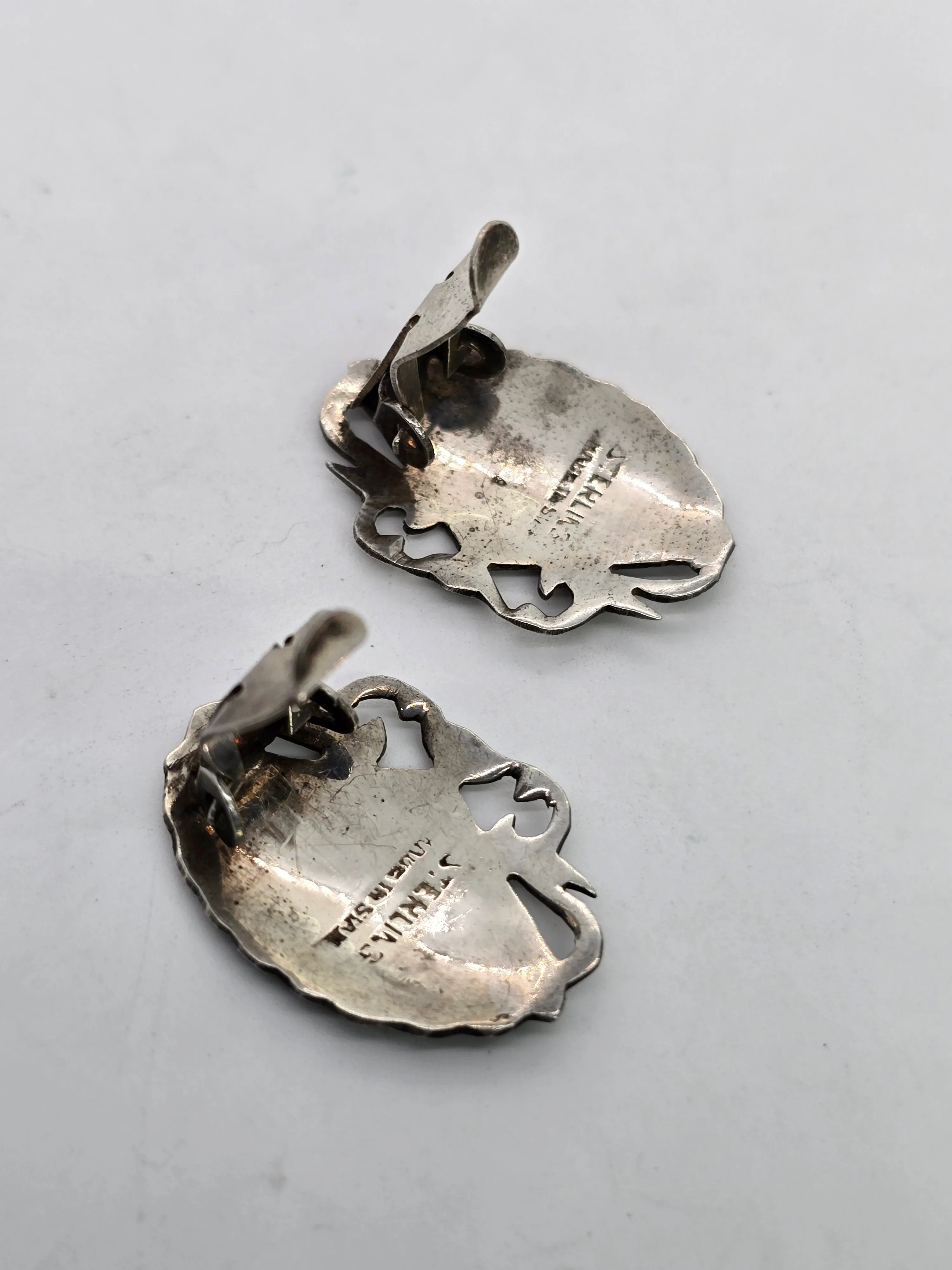 Siam Nielloware fan black enamel sterling silver vintage clip on earrings