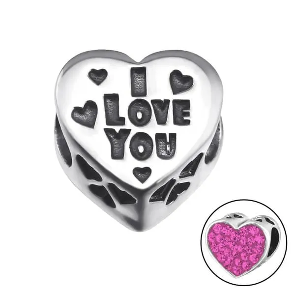 Silver Heart I Love You Charm Bead