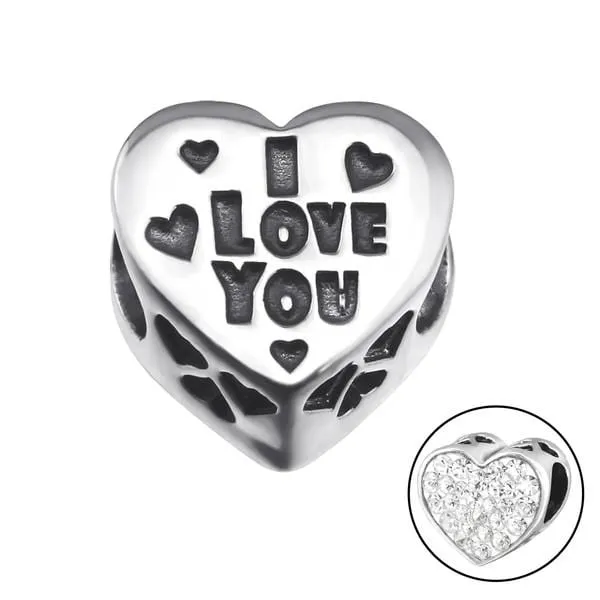Silver Heart I Love You Charm Bead