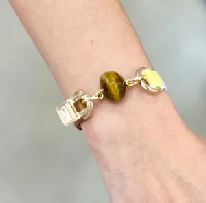 Single Wrap Camel Leather and Yellow Fabric Bracelet with Tiger Eye Stone