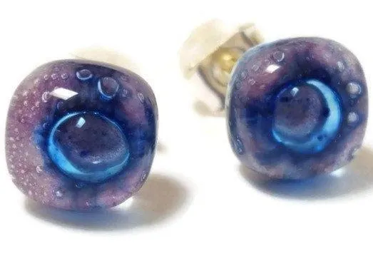 Small Post Lilac and Blue Earrings. Fused Glass Studs. Recycled Glass jewelry. Stud earrings