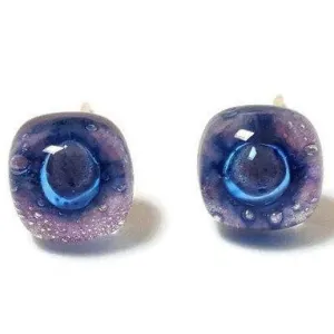 Small Post Lilac and Blue Earrings. Fused Glass Studs. Recycled Glass jewelry. Stud earrings