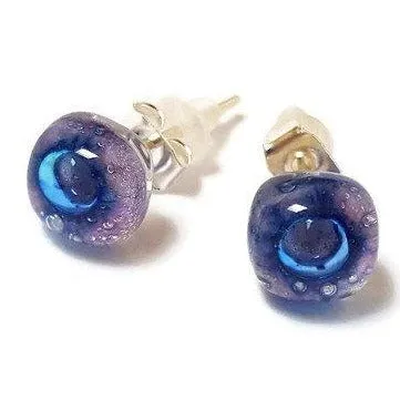 Small Post Lilac and Blue Earrings. Fused Glass Studs. Recycled Glass jewelry. Stud earrings