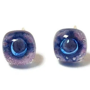 Small Post Lilac and Blue Earrings. Fused Glass Studs. Recycled Glass jewelry. Stud earrings