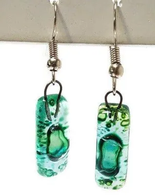 Small Rectangular Green recycled Glass Earrings. Fused Glass Jewelry