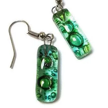 Small Rectangular Green recycled Glass Earrings. Fused Glass Jewelry