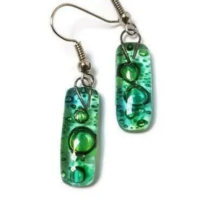 Small Rectangular Green recycled Glass Earrings. Fused Glass Jewelry