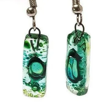 Small Rectangular Green recycled Glass Earrings. Fused Glass Jewelry