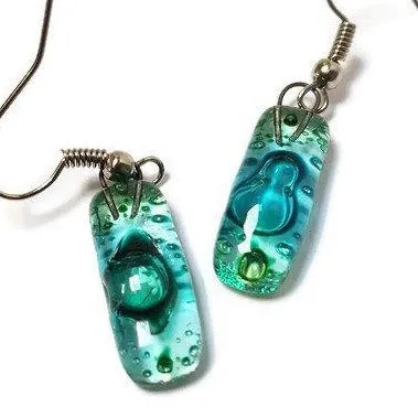 Small Rectangular Green recycled Glass Earrings. Fused Glass Jewelry