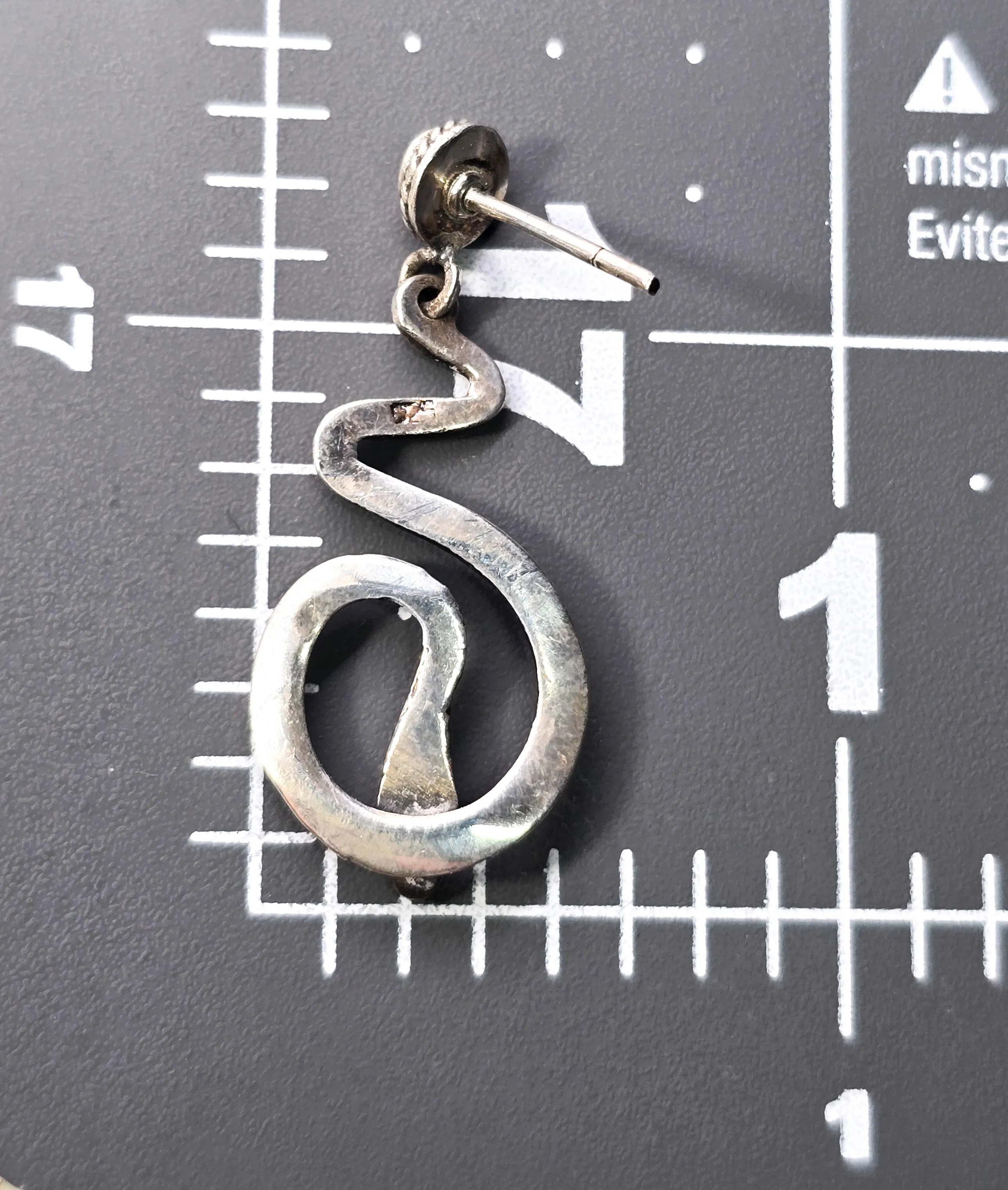 Snake Serpent long sterling silver black inlay stud drop earrings