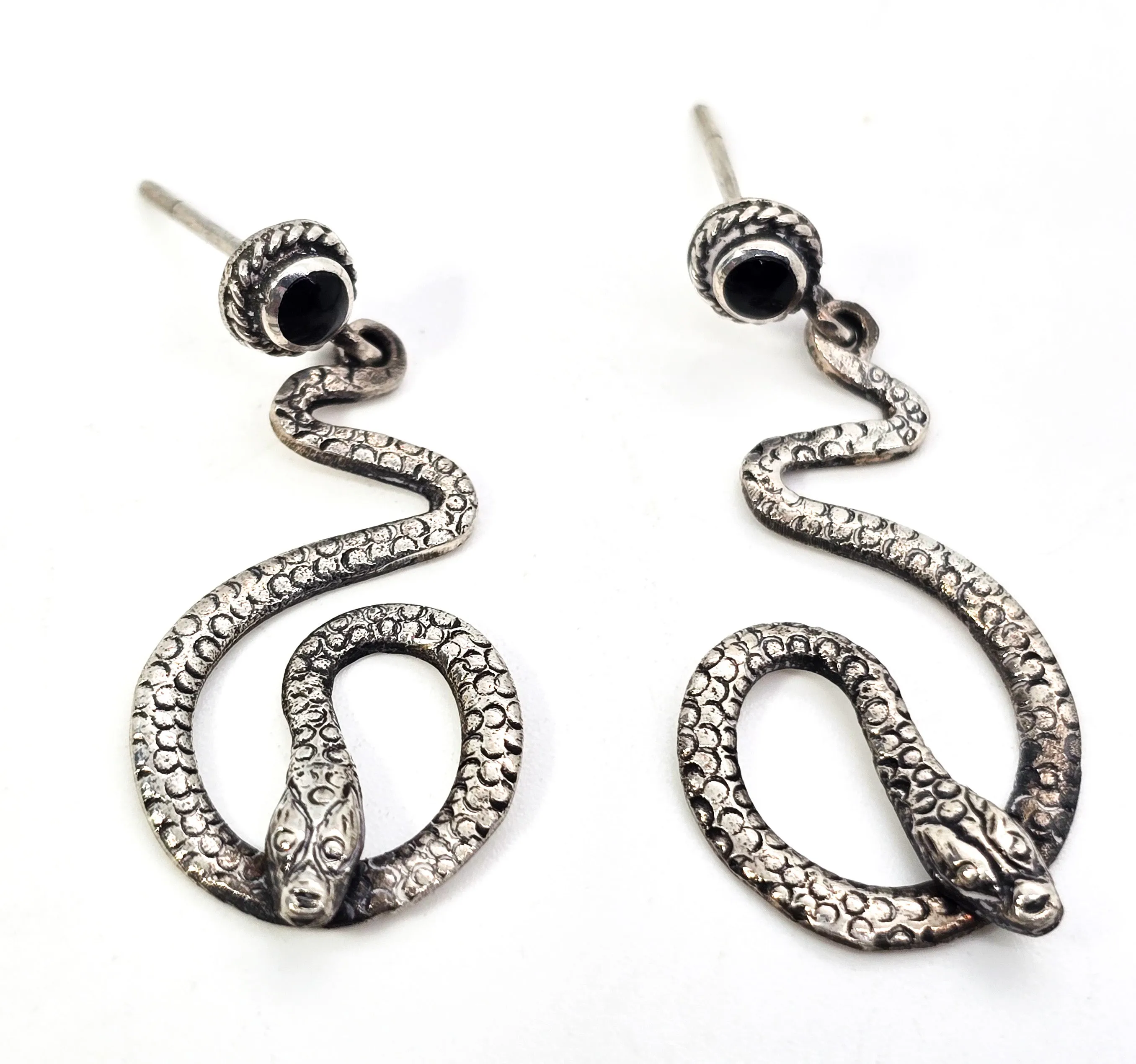 Snake Serpent long sterling silver black inlay stud drop earrings