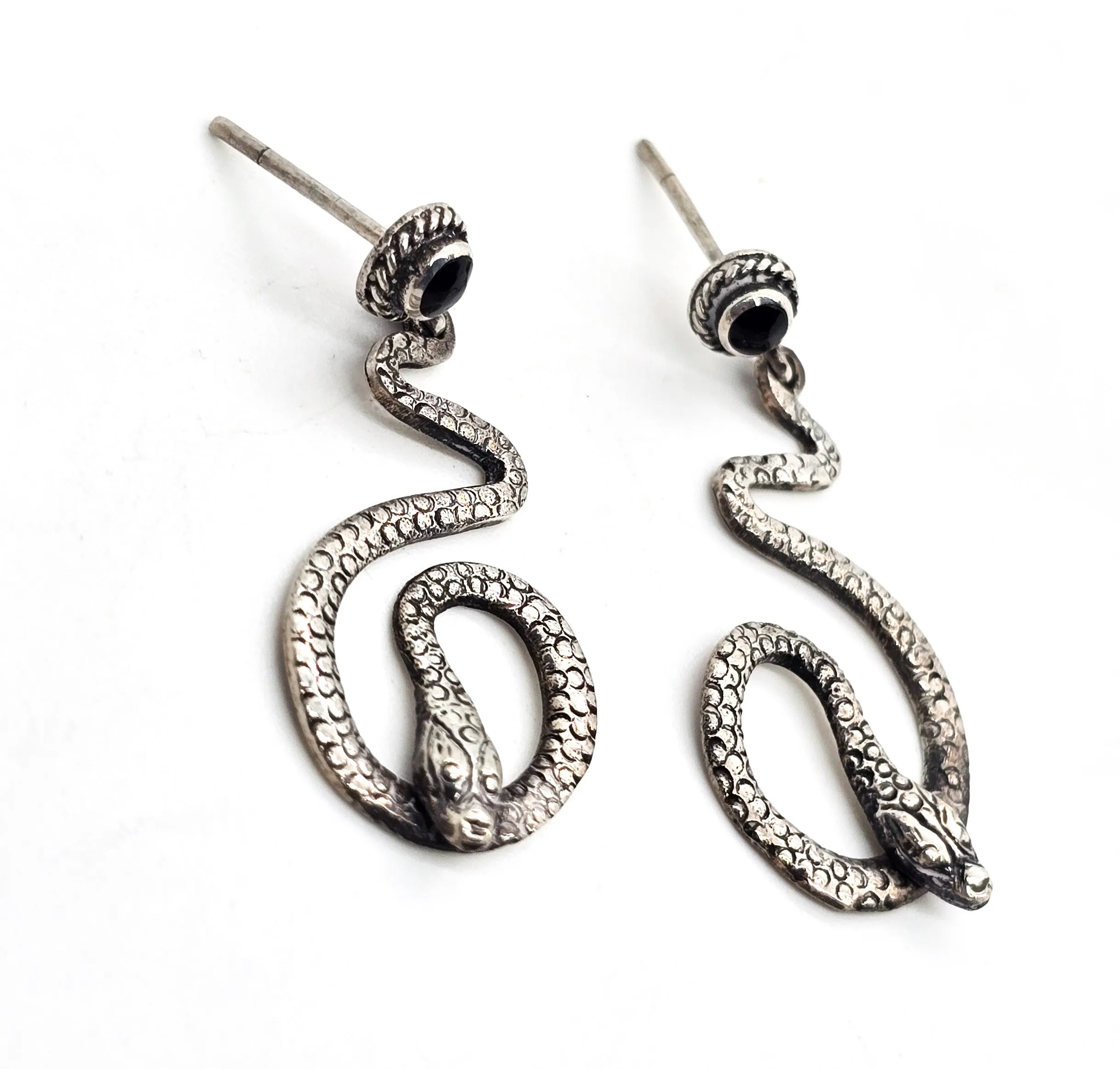 Snake Serpent long sterling silver black inlay stud drop earrings