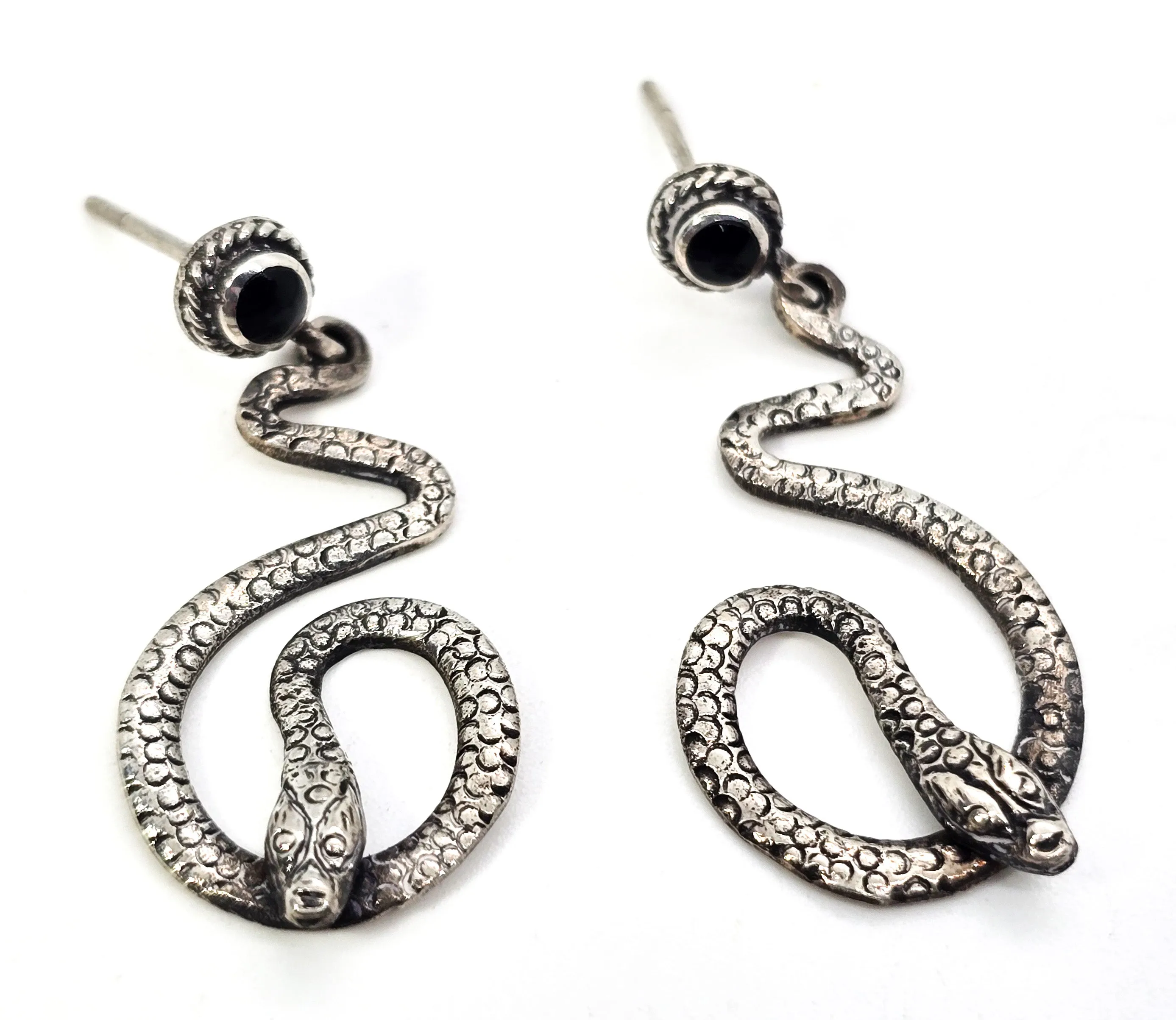 Snake Serpent long sterling silver black inlay stud drop earrings