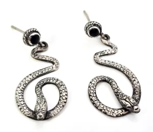 Snake Serpent long sterling silver black inlay stud drop earrings