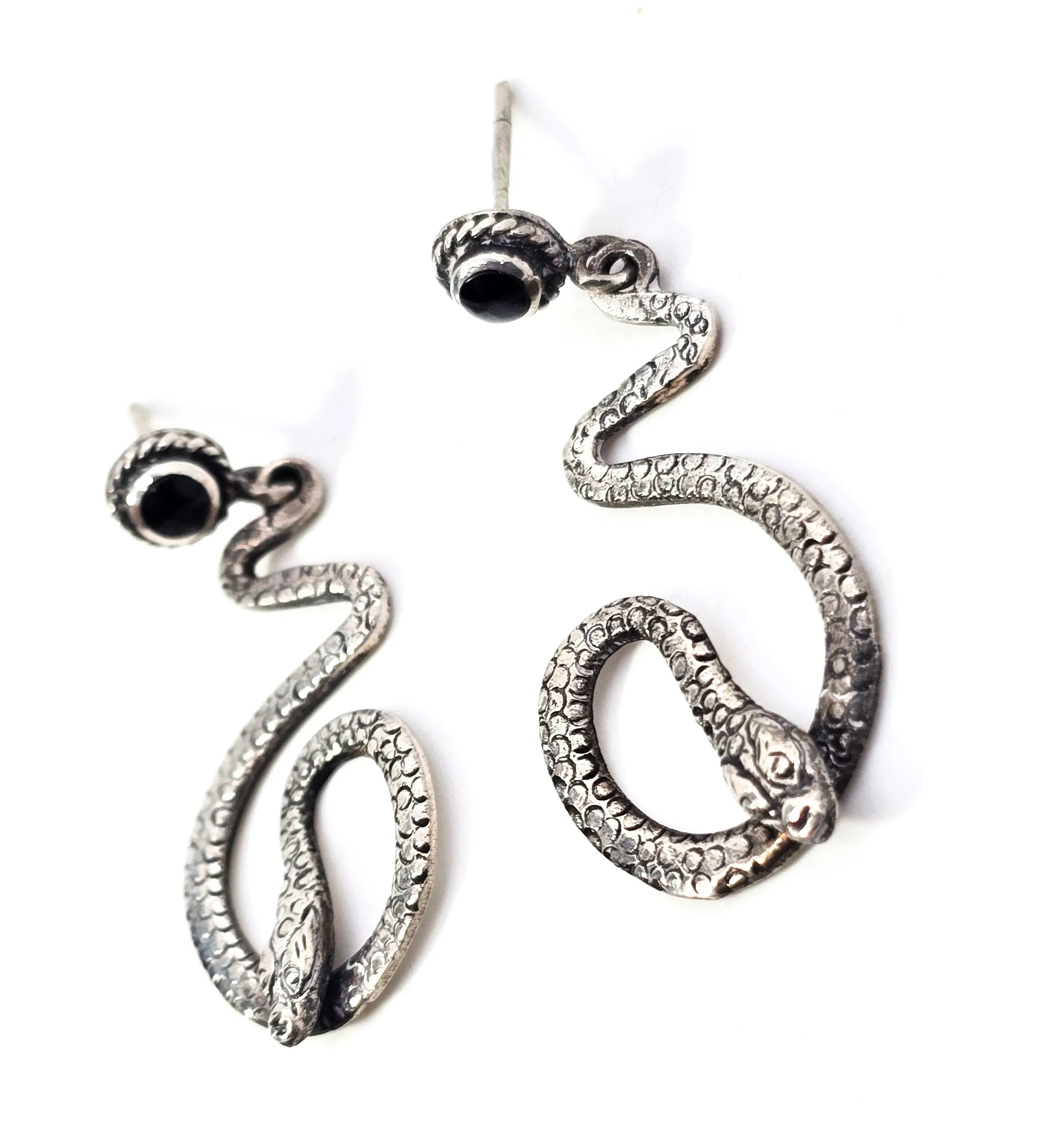 Snake Serpent long sterling silver black inlay stud drop earrings