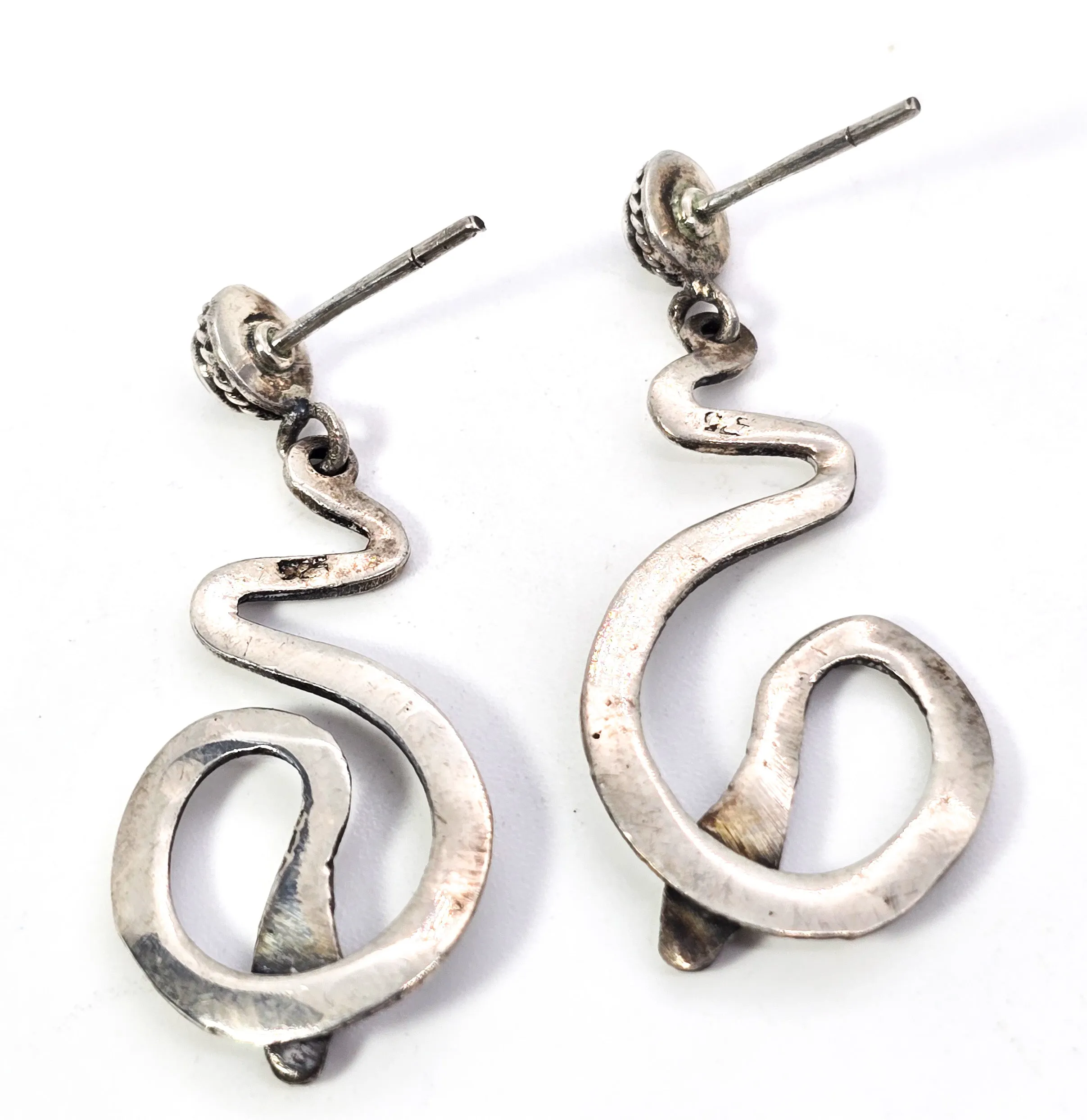 Snake Serpent long sterling silver black inlay stud drop earrings
