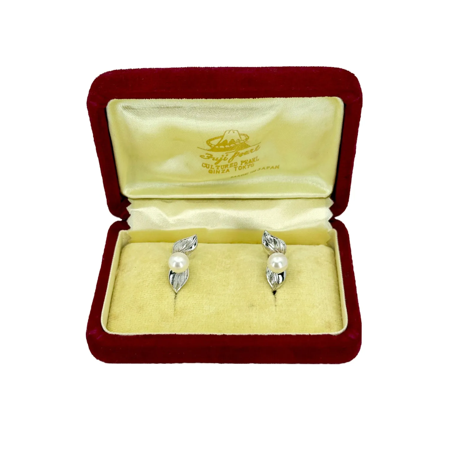 Solitaire Fuji Pearl Vintage Designer Akoya Saltwater Cultured Pearl Leaf Screwback Earrings Original Box- Sterling Silver