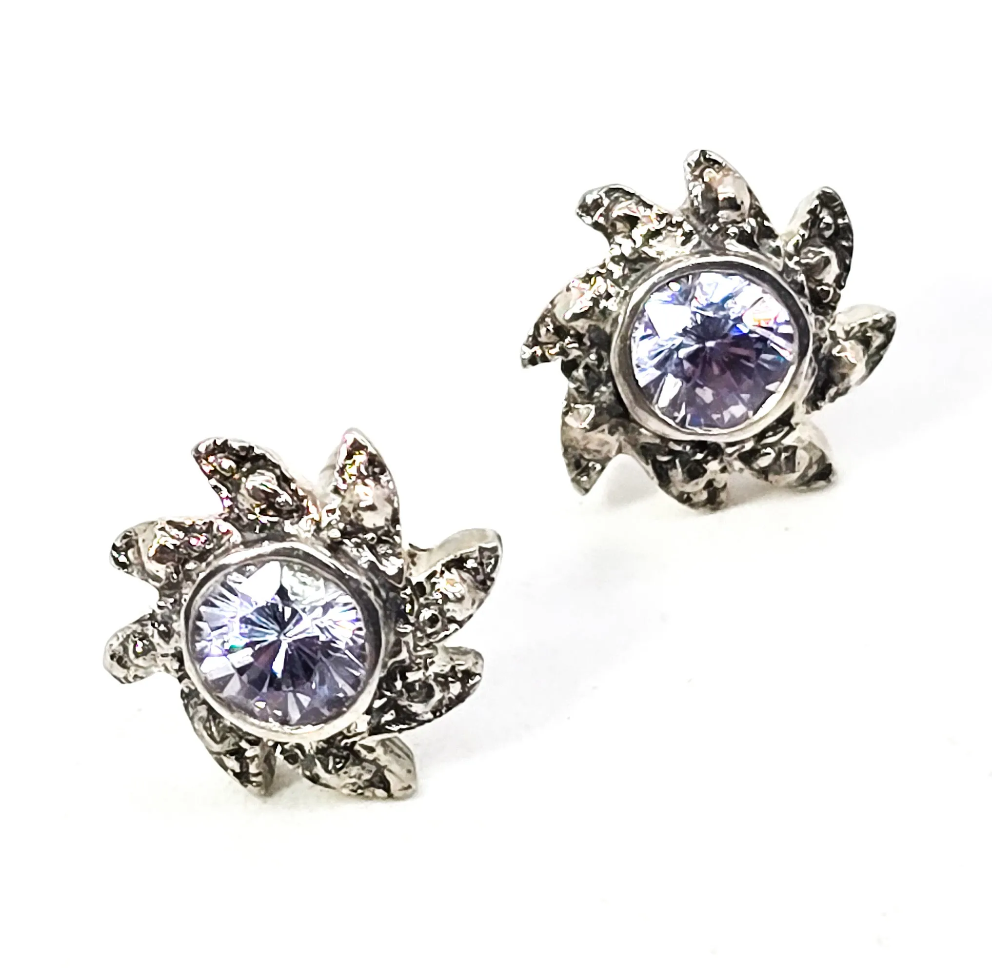Spinning flower CZ cubic zirconia sterling silver stud earrings