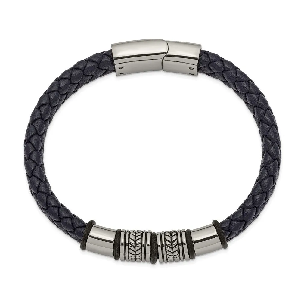 Stainless Steel Antiqued & Polished Blue Leather w/Silicone 8.25in Bracelet
