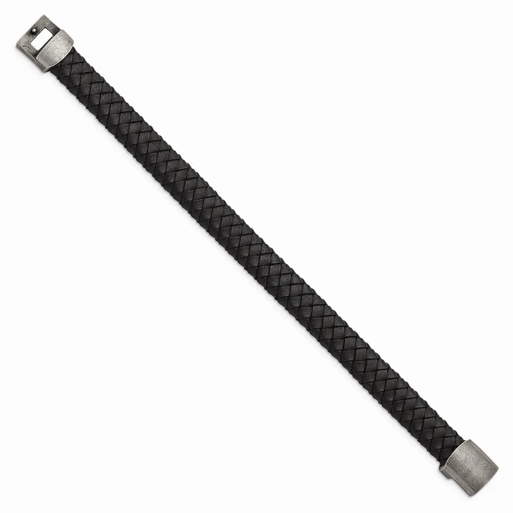 Stainless Steel Antiqued Black Leather 8.25in Bracelet